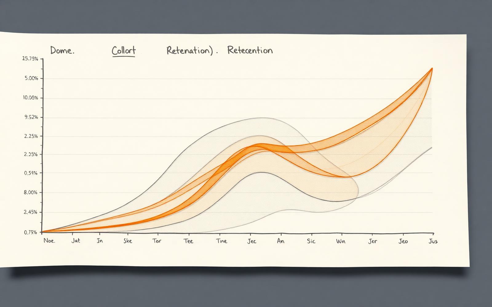 Editorial illustration of overlapping cohort retention curves on cream paper with a single orange ribbon highlighted.