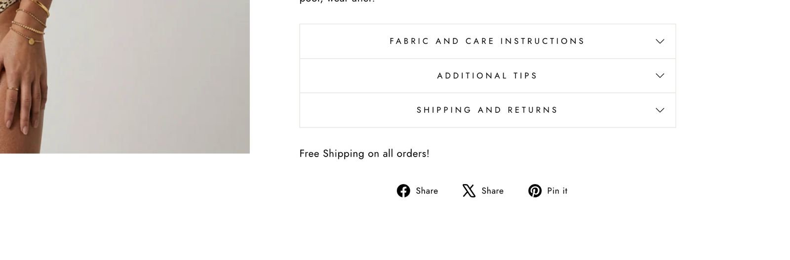 A Shopify product detail page showing the bold text ‘Free Shipping on all orders!’ sitting just above social share buttons, between the product description accordions and the share row