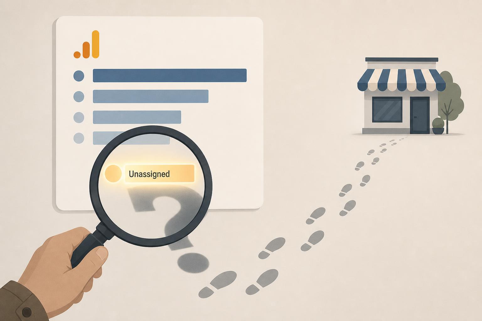 A magnifying glass over a GA4 channel report, the glowing ‘Unassigned’ row casting a shadow shaped like a question mark while faint footprints lead back toward a storefront